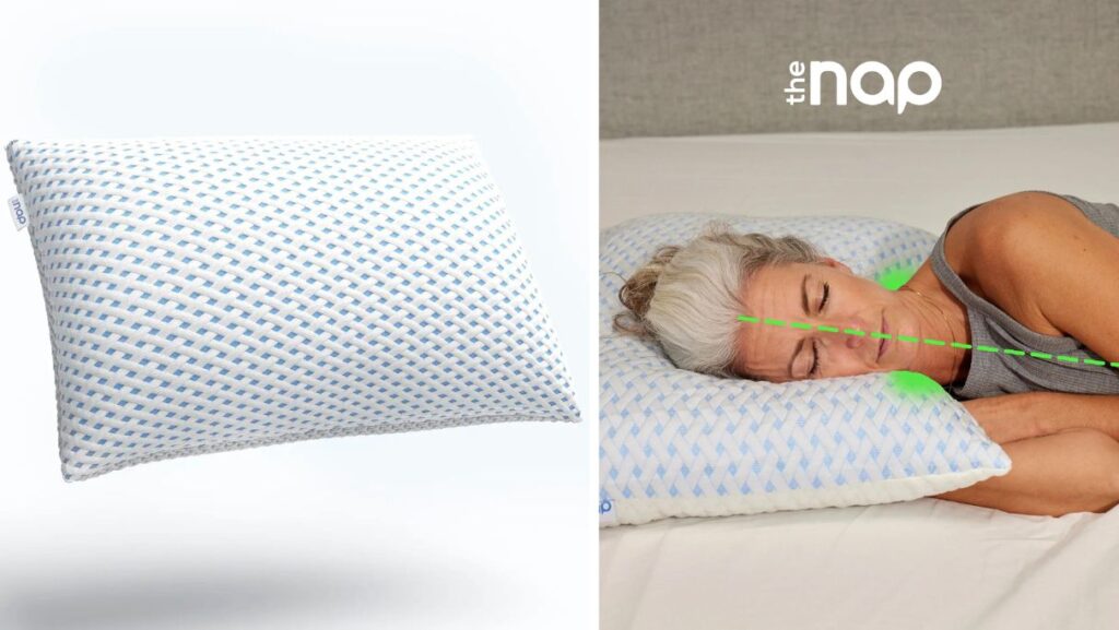 The Nap hovedpude produkt billede og kvinde der sover ergonomisk