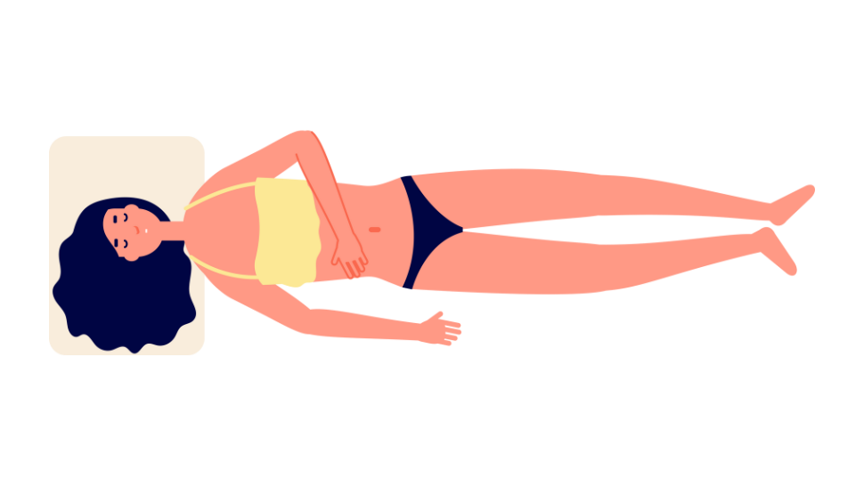 Tegning af kvinde der sover på ryggen med pude