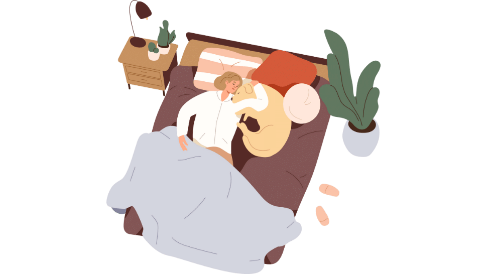 Tegning af en person som sover i en seng sammen med deres hund