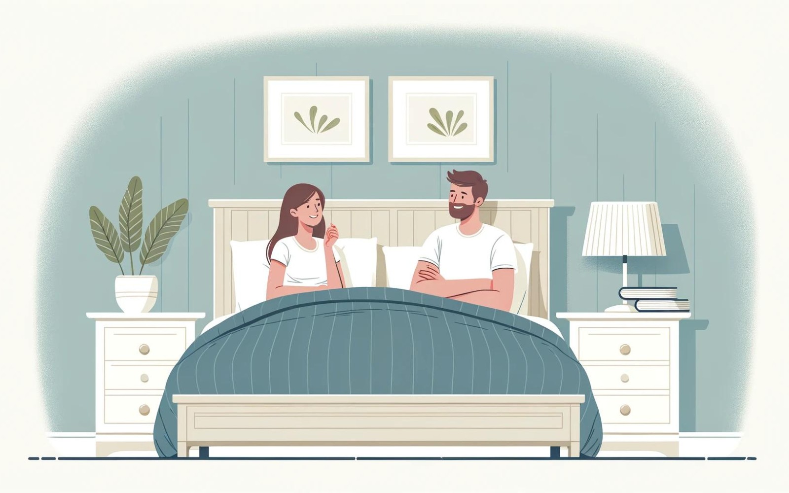 Illustration af en mand og kvinde der sidder i en 140x200 seng